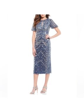 Aidan Mattox Navy Beaded Midi Dress with Flutter Sleeves